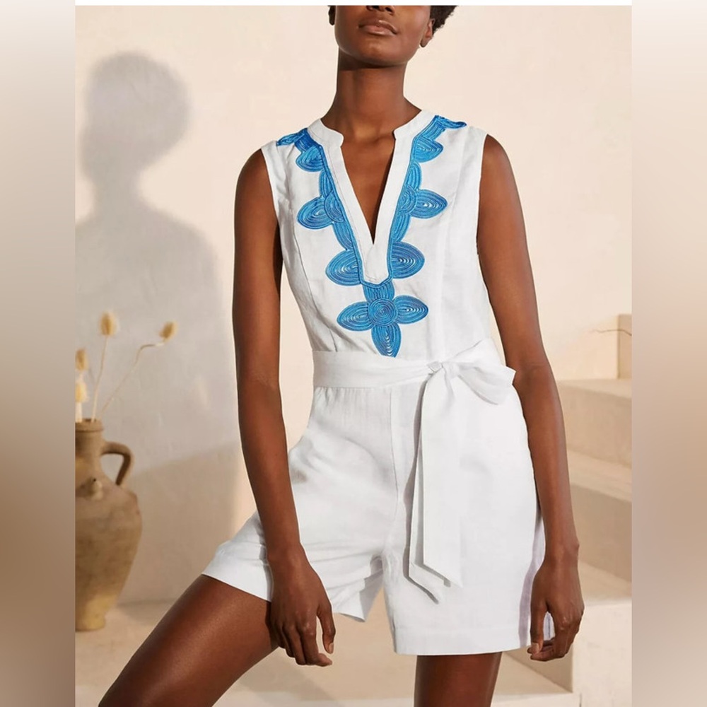 BODEN Bella Embroidered Playsuit White & Moroccan Blue / Size 6P